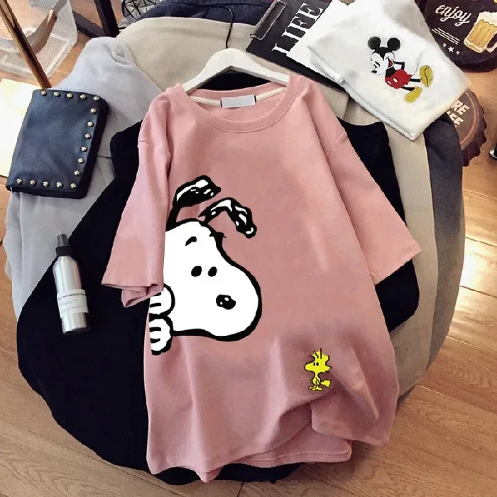 new Snoopy women's loose large version top summer short-sleeved t-shirt women's cotton mid-length cartoon women