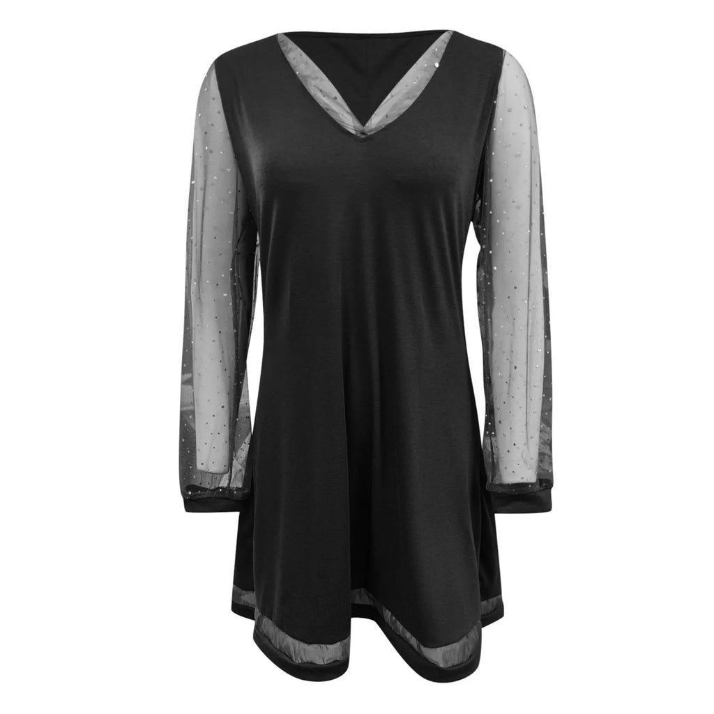 LuxeVibe V-Neck Lace Splice Dress - Knee Length, Ruffle Detail, Long Sleeve, Effortlessly Chic & Comfortable