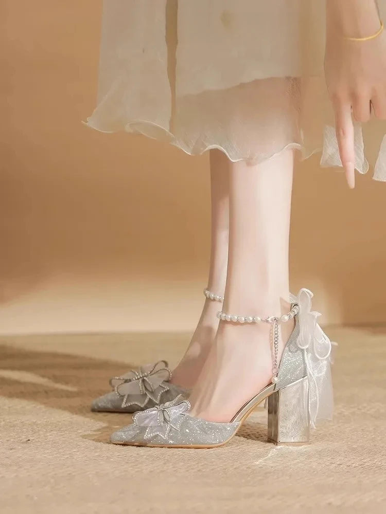 High Heels 2025 New Pearl Bow Silver Hollow Sandals Graduation Wedding Dress Big Size Bride Shoes
