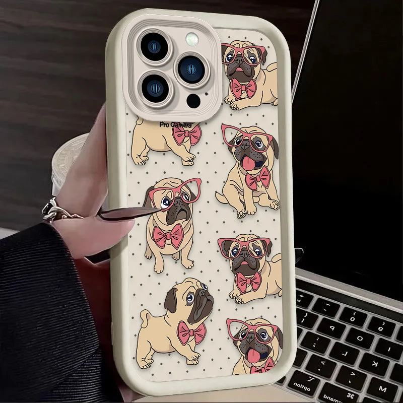 Cute Glasses Pug Dog Case For iPhone 16E 16 15 14 13 12 11 Pro Max X XS X S Max XR SE 2020 7 8 Plus Shockproof Silicone Funda