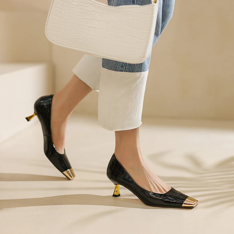 【JOCHEBED HU】Brand New Shoes Metal Square Toe Women Pumps Patchwork Genuine Leather Thin High Heels Ladies Footwear Plus 34-43
