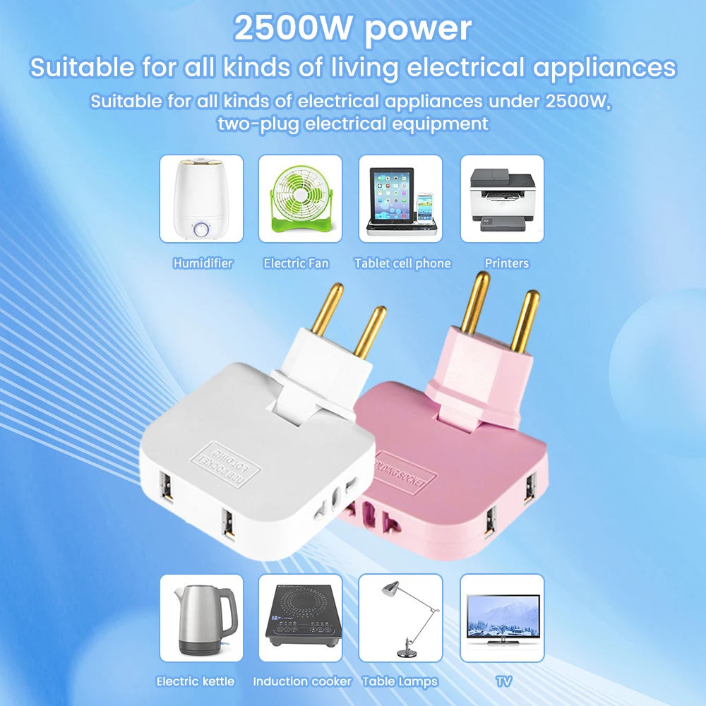 EU Universal Plug Dual USB Interface 3 In 1 Foldable Rotate Plug Hidden Socket USB 2A/5V 2500W Fast Charger Portable Travel Set