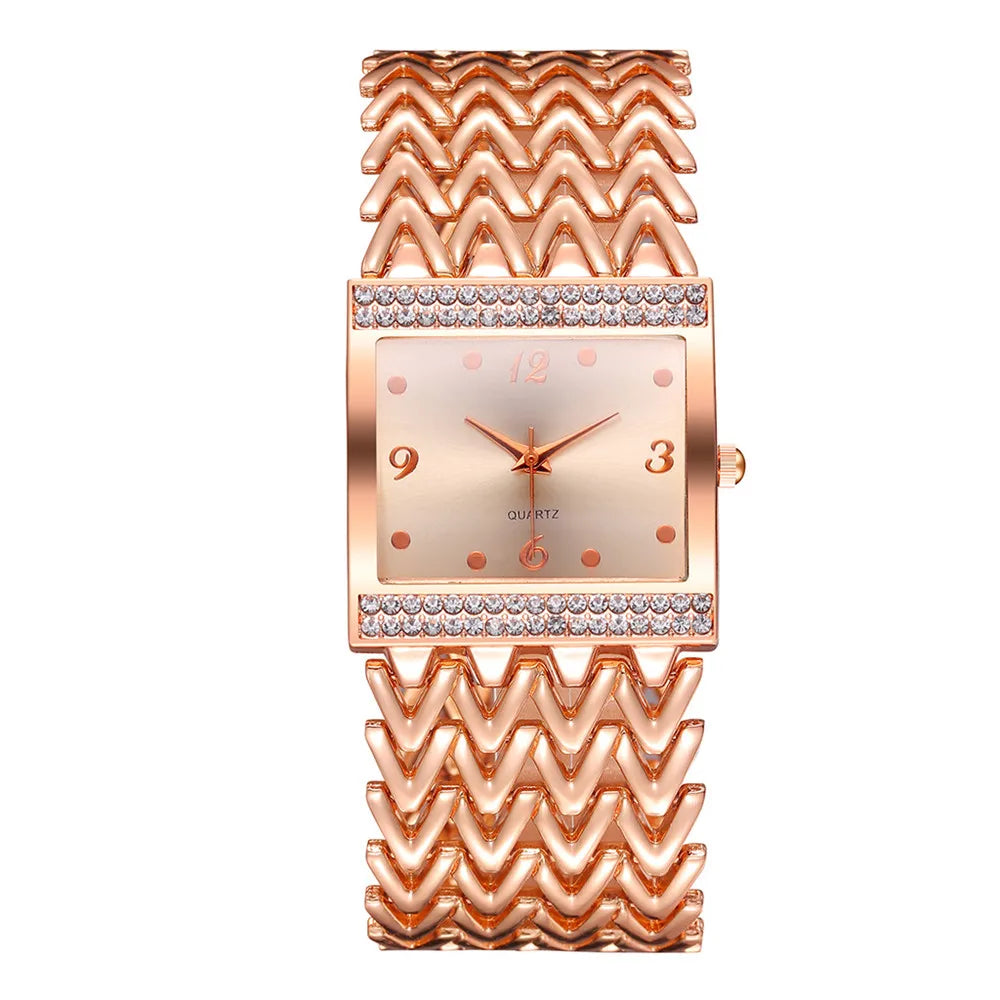 Luxury Golds Ladies Square Diamond Watch - Elegant Stainless Steel Quartz Timepiece for Fashion-Forward Women