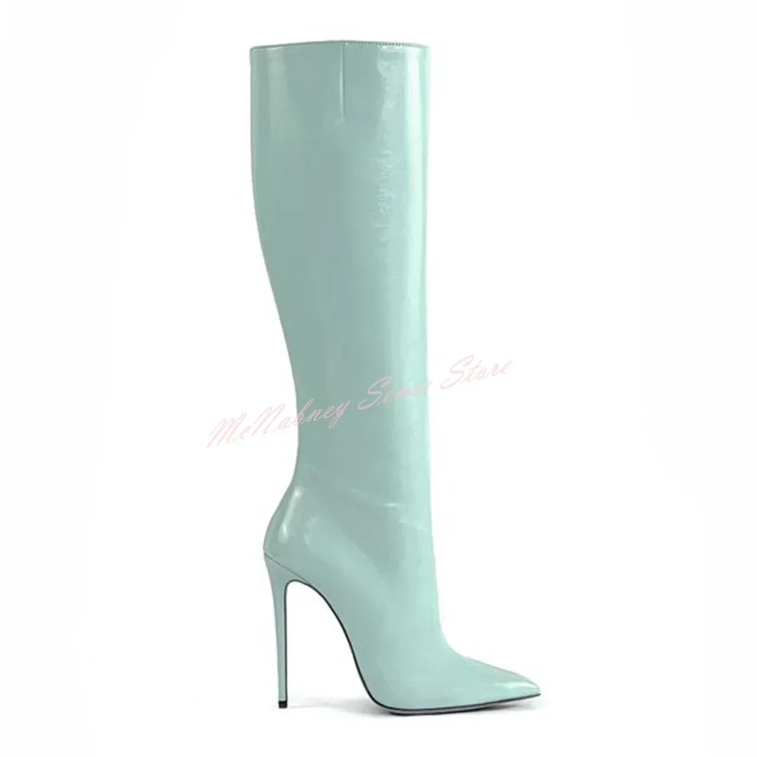 Genuine Leather Pointed Boots Stiletto Heels Solid Knee High Boots Slip On Women Sexy Shoes Designer Winter Autumn Casual Shoes