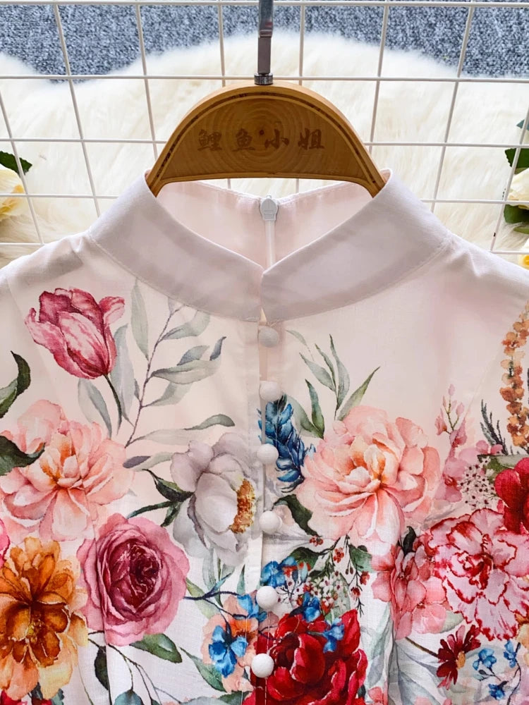 France Elegant Vintage Palace Evening Dress Women Sashes Button Print Short Party Dress Female Casual Chic Festival Clothing New