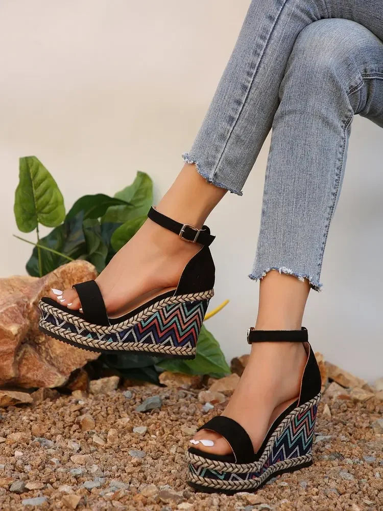 Summer New European and American Fashion Simple Ethnic Style Slope Heel Sandals with One Button High Heel Women's Shoes 2025
