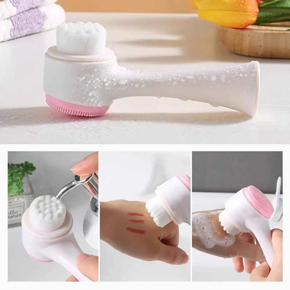 OFT 3D Dual-Sided Face Washing Brush - Deep Clean Pores with Silica & Fur for Home Spa Experience