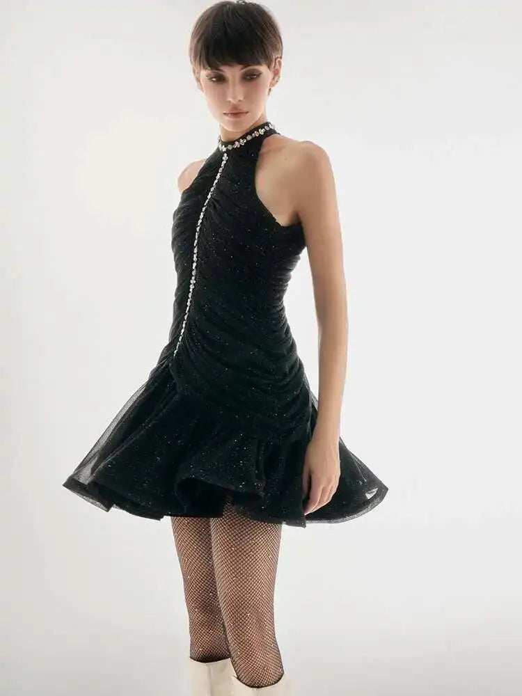 DEAT Women's Slim Dress with Diamond Folds & Zipper - Sleeveless Round Collar Summer Style