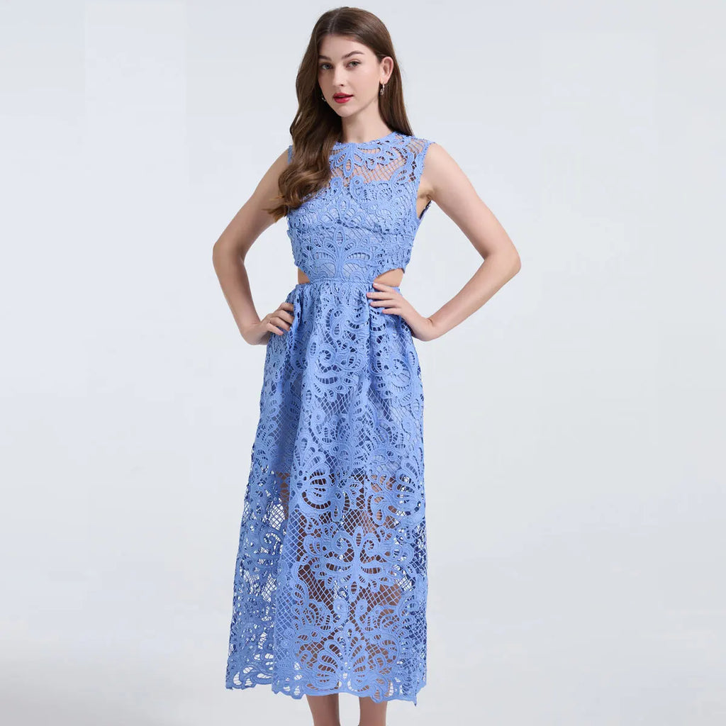Women's Lace Embroidery Evening Dress – Elegant Midi Party Dress