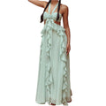 Luxury Women's Holiday Cutout Ball Gown Sleeveless Tie Back Solid Color Ruffle Long Dress Summer Party Dress