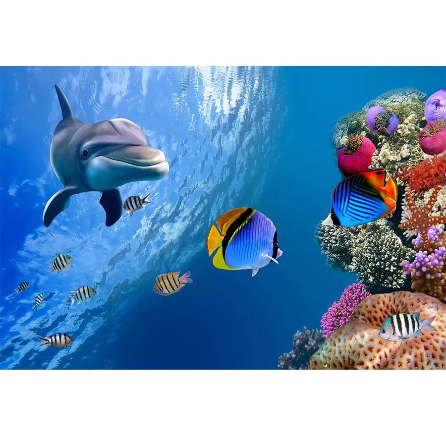 Underwater World Dolphin Coral Seaweed Seabed Aquarium Theme Photography Background Children Birthday Party Decor Backdrop