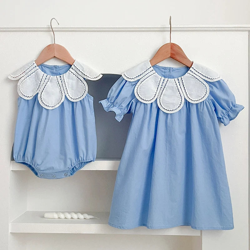 Sisters Dress Summer Kids Princess Dresses Short Sleeved Cotton Solid Color Splicing Infant Baby Romper Baby Girl Party Dress