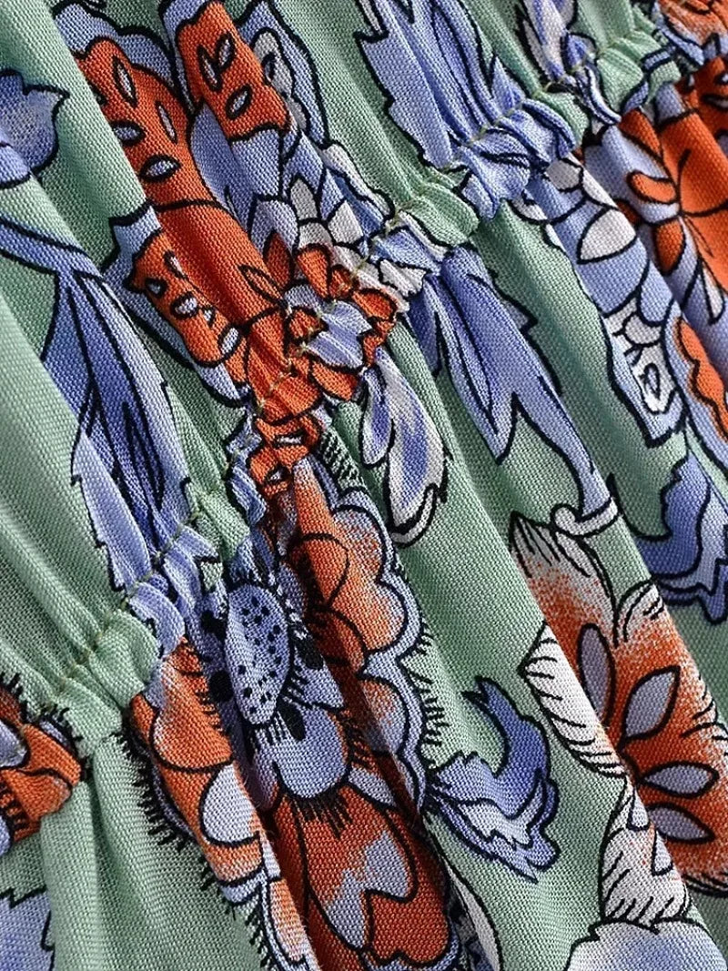 Vintage Chic Women Multi Floral Print Short Sleeve Beach Bohemian Maxi Dress Ladies V-neck Rayon Cotton Summer Boho Dresses Robe