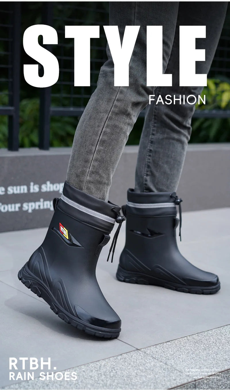 Men's Fleece Lined Tied Mouth Waterproof Outdoor Rain Boots Anti-slip Kitchen Work Rubber Shoes Warm Booties Plastic Material