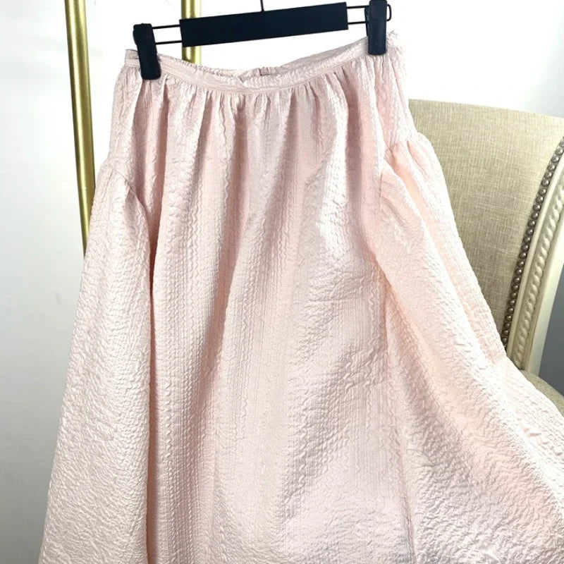 Elastic Waist A-Line Party Bubble Skirt Solid Color Big Hem Puffy Midi Skirt Evening Dress Daily Casual Women Outerwear Clothing