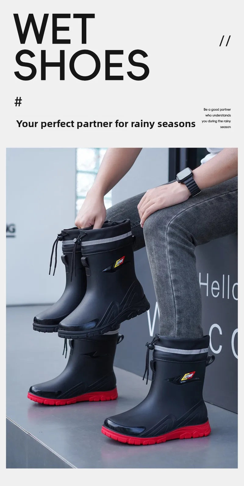 Men's Fleece Lined Tied Mouth Waterproof Outdoor Rain Boots Anti-slip Kitchen Work Rubber Shoes Warm Booties Plastic Material