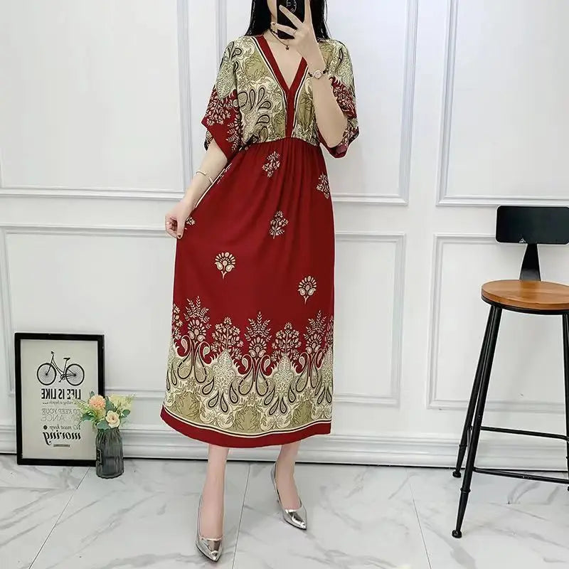 French Romantic Lady's Print Dress Boho Chic Floral Midi Dress Elastic Waist Women's Holiday Dress Casual Elegant Beach Clothes