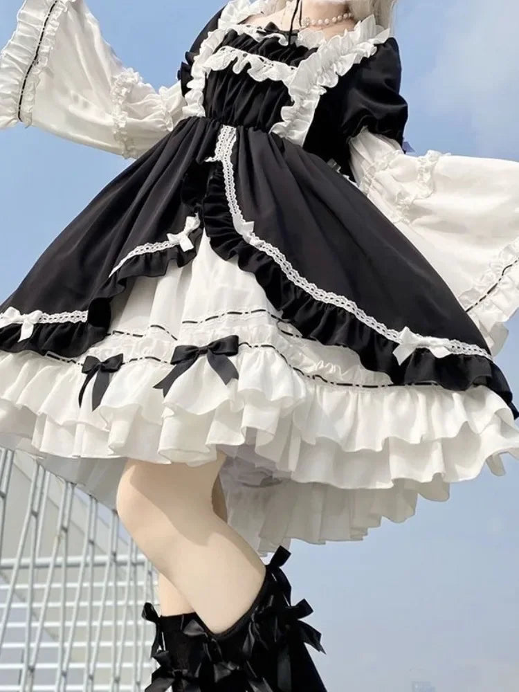 Contrast Color Japanese Dress Women Ruffled Patchwork High Waist Fairy Robe Y2k Aesthetic Ladies Sweet Dresses Vestido De Mujer
