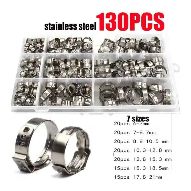 45/80/130pcs Stainless Steel Ear Clamps, Worm Drive Hose Clips, Fuel & Water Pipe Clamps + 1pc Clamp Pliers