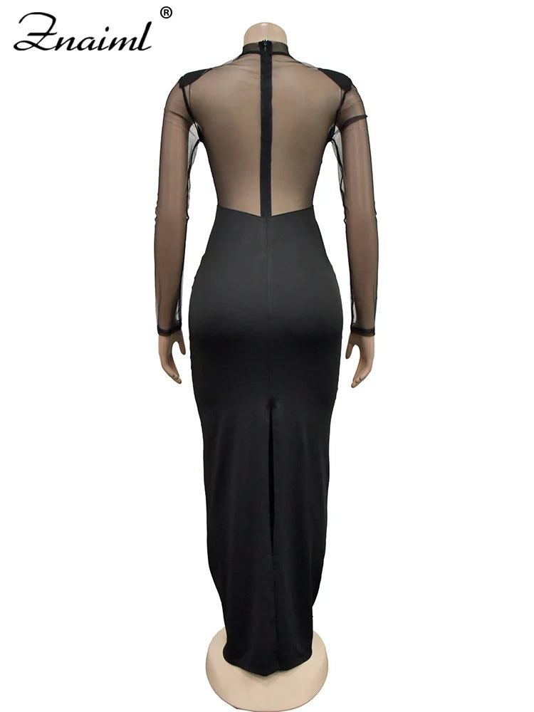 Znaiml Elegant Evening Birthday Diamonds Rhinestone Formal Prom Dress Woman Sexy Club See Through Mesh Patchwork Party Vestidos