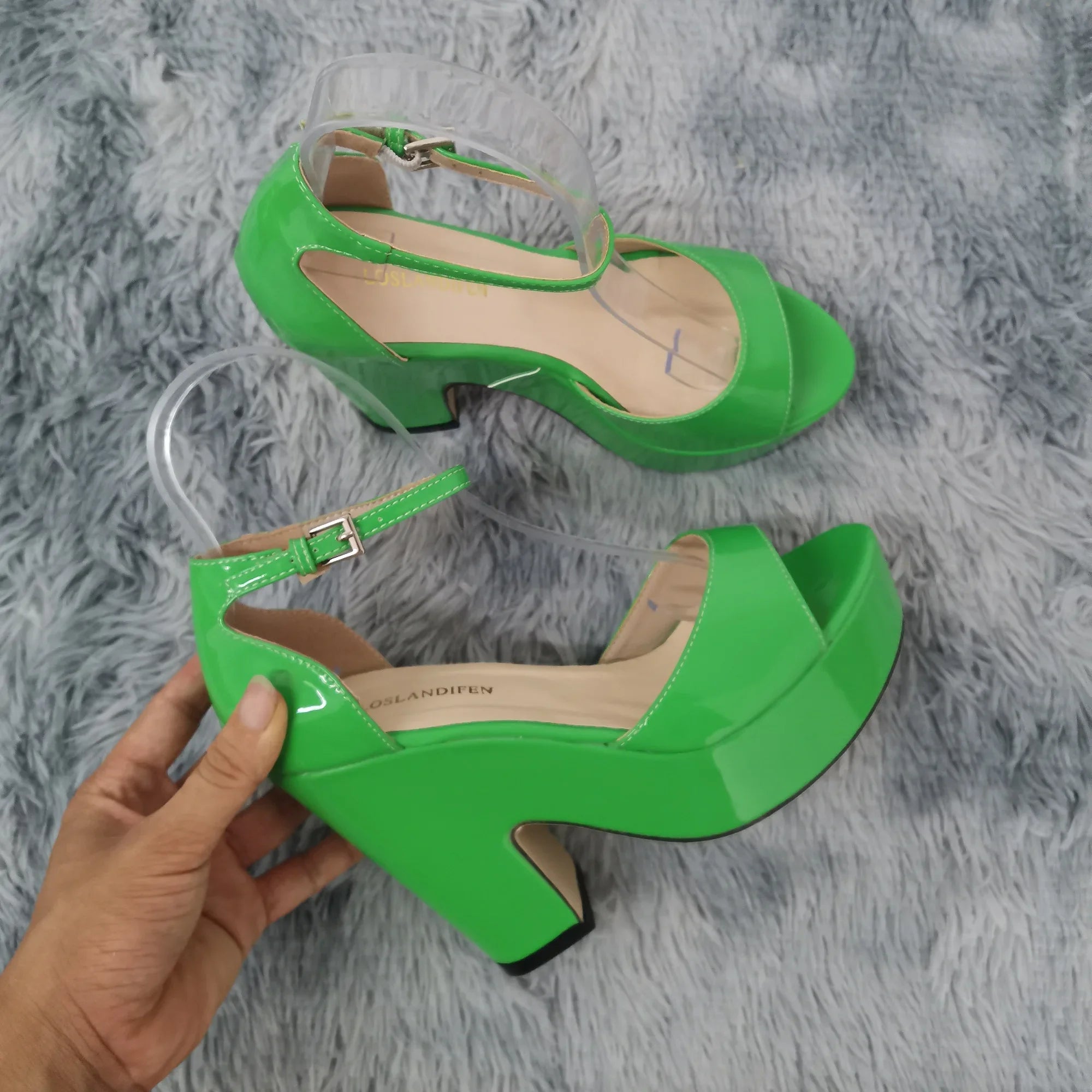 Women Sandals 2026 Summer Ankle Strap Pumps Colourful Sexy Peep Toe Square High Heels Flock Platform Wedding Pole Dancing Shoes