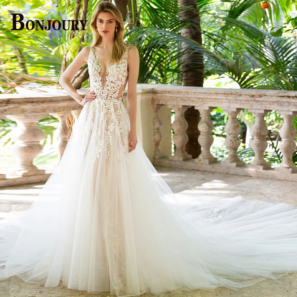 BONJOURY V-neck Satin Wedding Dress with Pockets & Chapel Train for Confident Brides