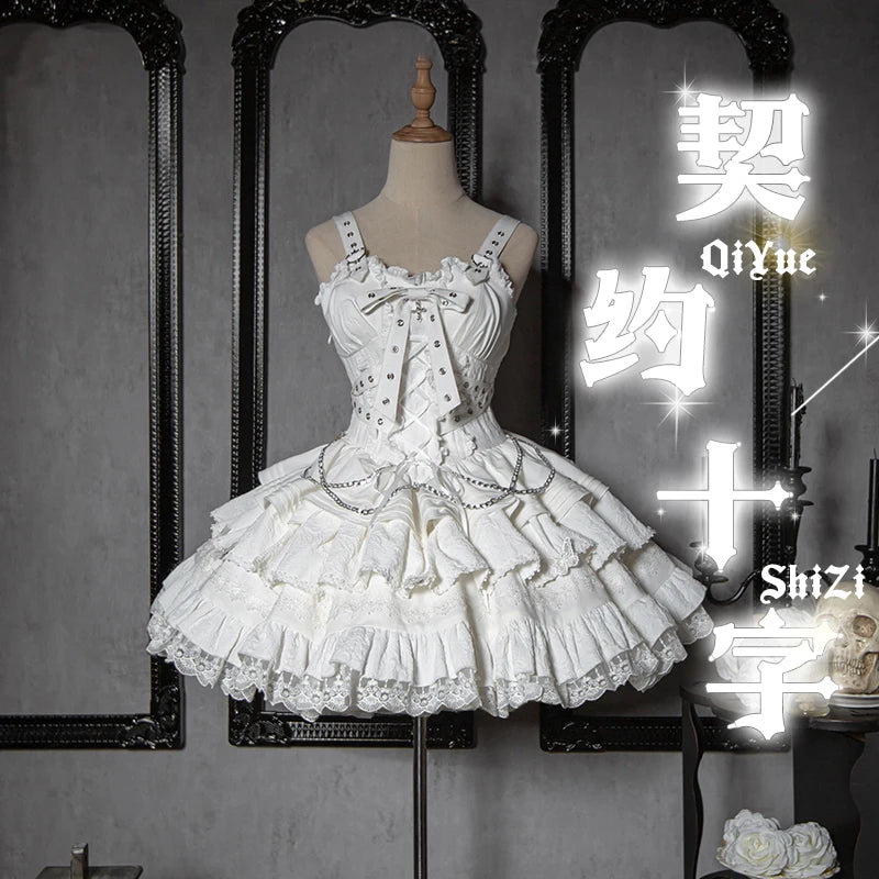 Gothic Lolita JSK Dress with Bow & Spaghetti Straps - Chic Mini Dress & Waistcoat Set for Sweet Style