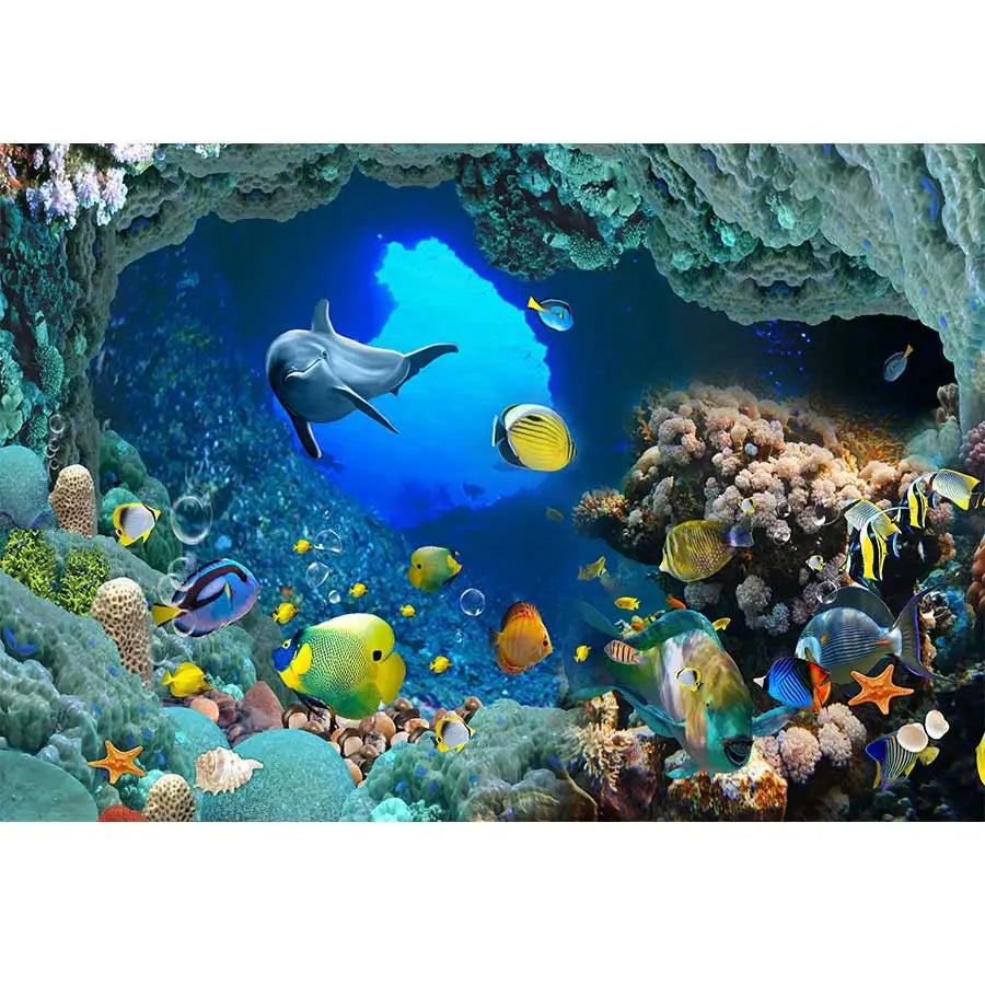 Underwater World Dolphin Coral Seaweed Seabed Aquarium Theme Photography Background Children Birthday Party Decor Backdrop