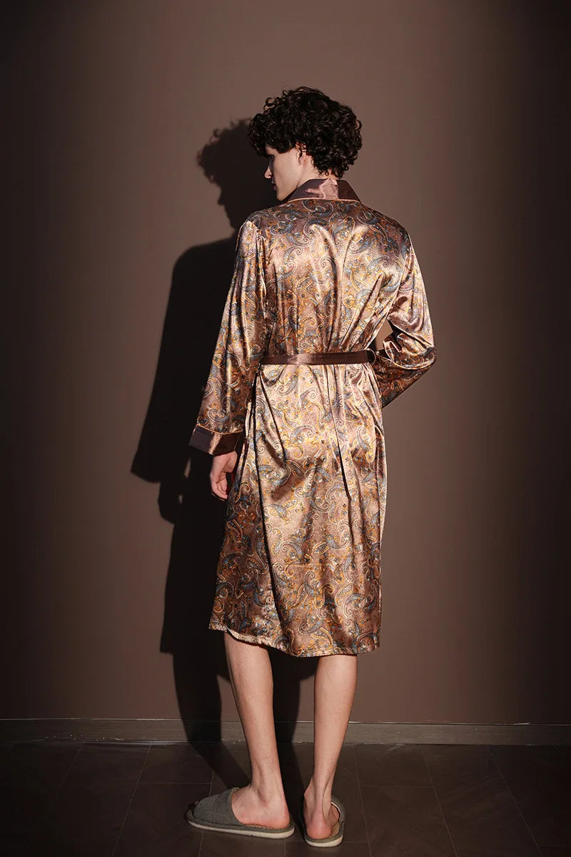 Men's Thin Bathrobe High Quality Nightrobes One-Piece Robe Male Loungewear Gents Spring and Autumn New Ice Silk Printed Pajamas