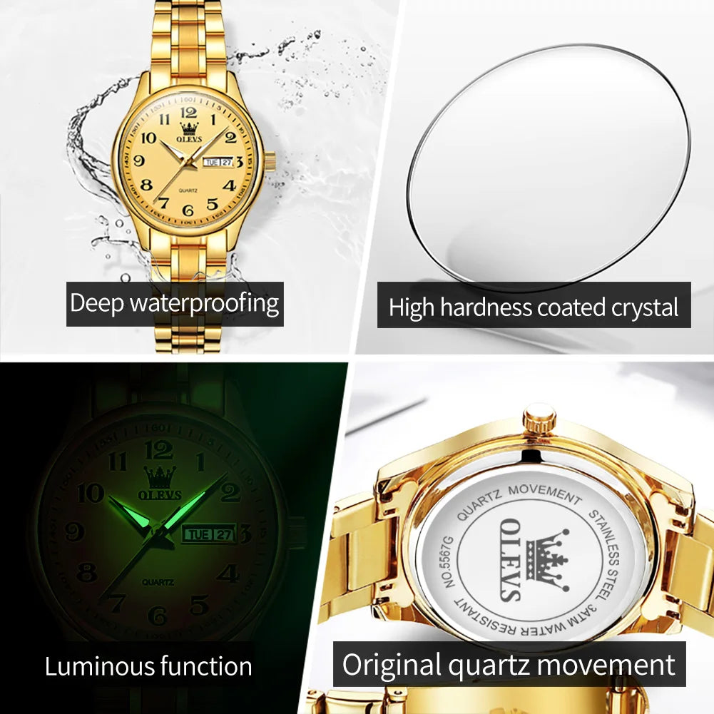OLEVS Elegant Women's Quartz Watch - Luminous, Waterproof Stainless Steel Dress Wristwatch with Week & Date Display