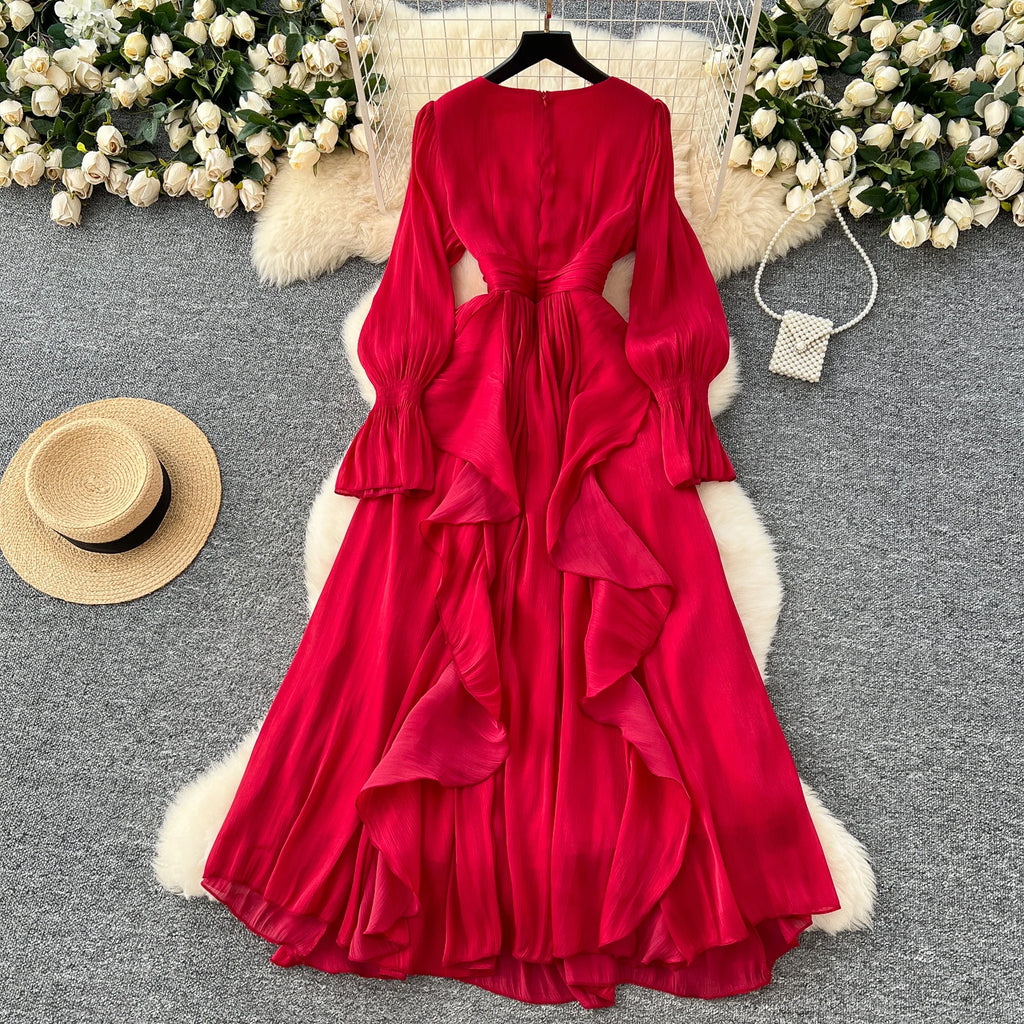 Spring Autumn Women Party Long Dress Elegant Female Red/Purple/Beige/Black Diamonds Patchwork Ruffle A-Line Maxi Vestidos New