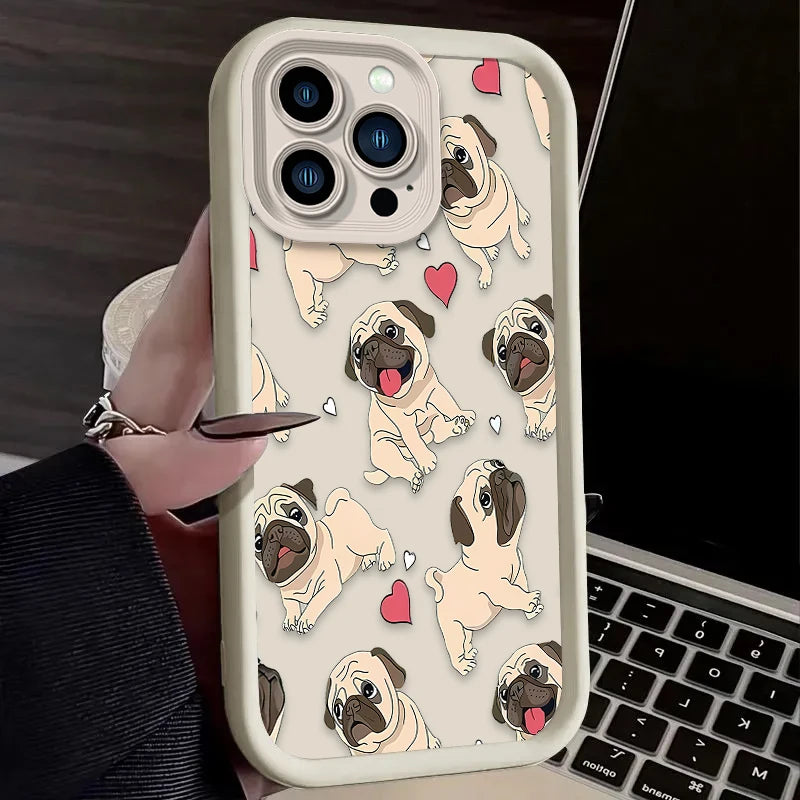 Cute Glasses Pug Dog Case For iPhone 16E 16 15 14 13 12 11 Pro Max X XS X S Max XR SE 2020 7 8 Plus Shockproof Silicone Funda