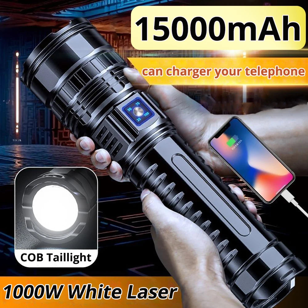 1000W Built-in Battery Flash Light Emergency Spotlights 9km 990000000LM Most Powerful Led Flashlights Tactical Torch 15000mah