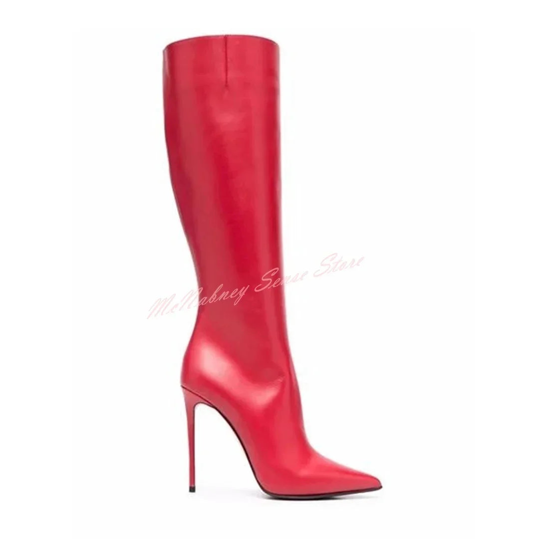 Genuine Leather Pointed Boots Stiletto Heels Solid Knee High Boots Slip On Women Sexy Shoes Designer Winter Autumn Casual Shoes