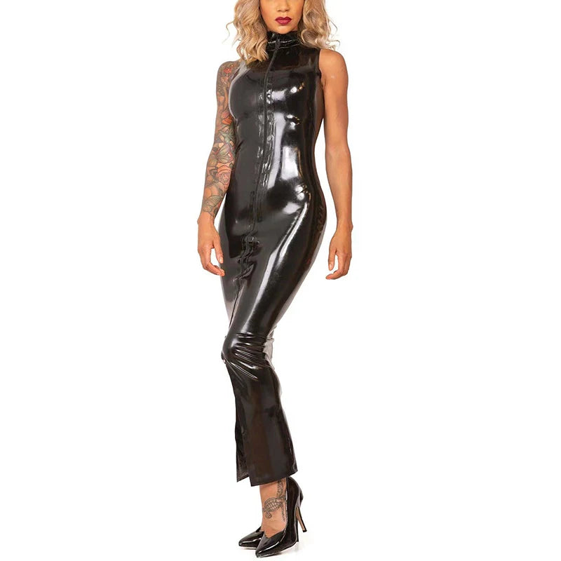 Women's Faux Leather Maxi Dress – Slim Fit Bodycon Club Dress