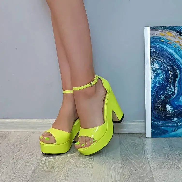 Women Sandals 2026 Summer Ankle Strap Pumps Colourful Sexy Peep Toe Square High Heels Flock Platform Wedding Pole Dancing Shoes