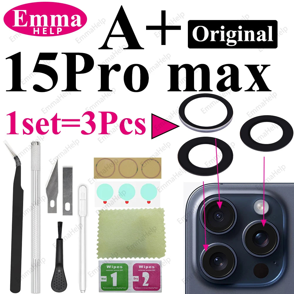 Sapphire Camera Lens Glass for iPhone 15/14/13/12/11 Pro Max Plus Mini - Complete Repair Kit with Adhesive