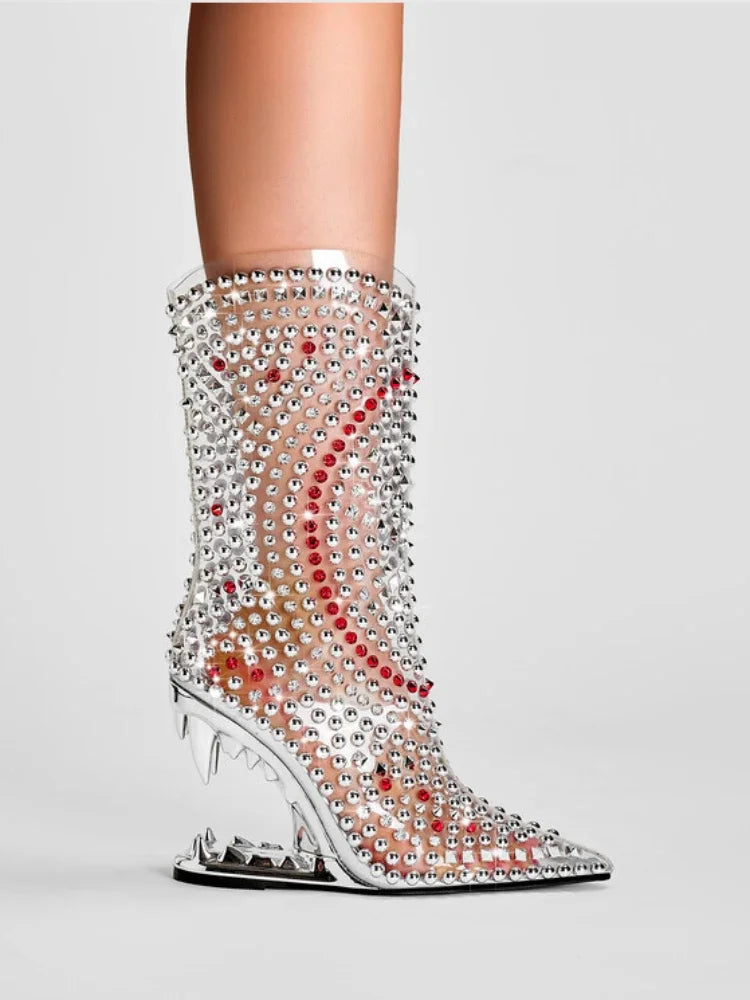 Women's Pointed Tiger Teeth Heel Knee High Elastic Boots Fashionable Over-the-Knee Super High Heel Banquet Show Shoes Autumn Winter