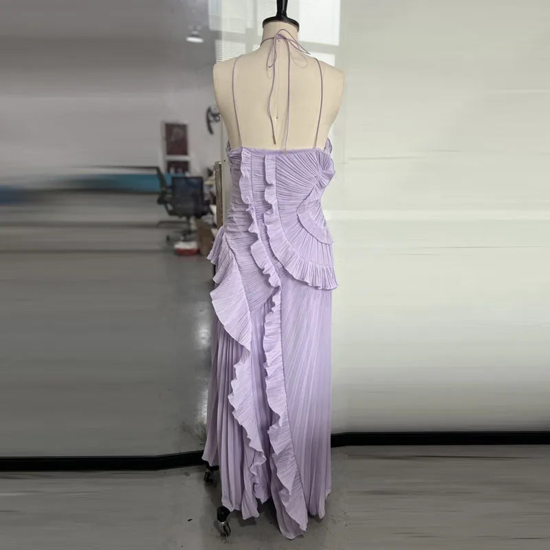 Elegant Affair Evening Gown - Ruffled Neck Strap, Backless Design, A-Line Silhouette, Perfect for Parties & Vacations