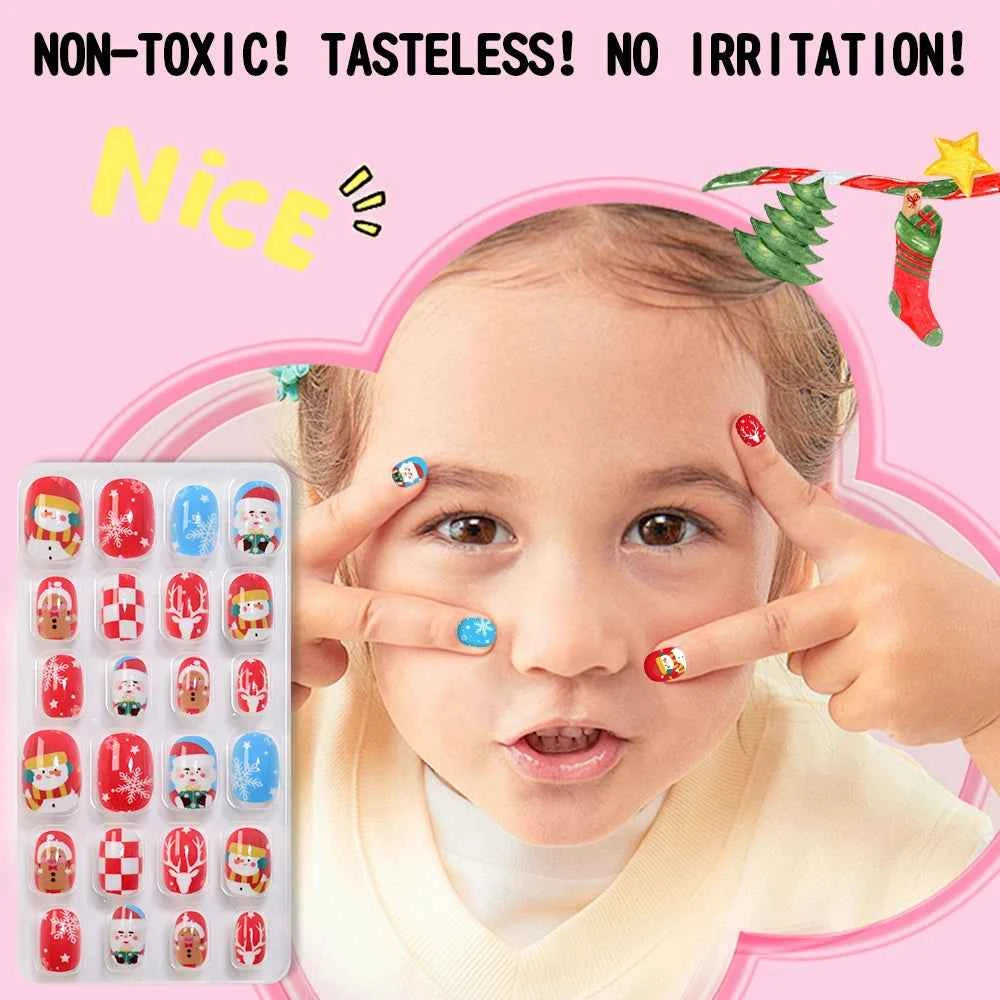 24pcs Princess Girls Christmas Press On Nails Candy Color Kawaii Christmas Tree Snowman False Nails New Year Children Fasle Nail