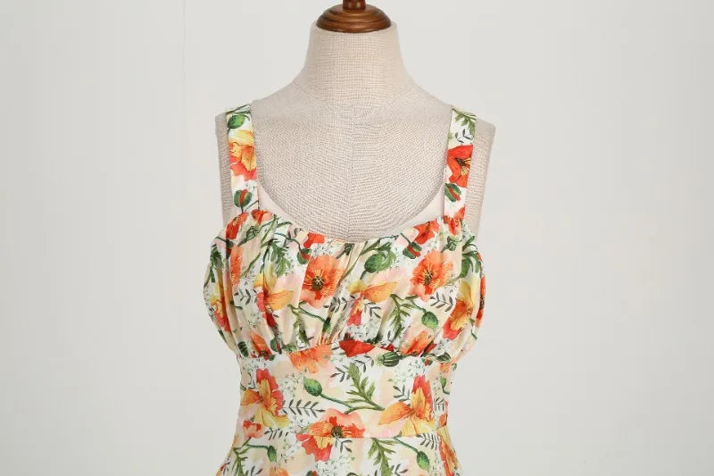 Vintage Charm Summer Midi Dress - Cute Print, Ruched Bust, High Waist for Effortless Beach Style