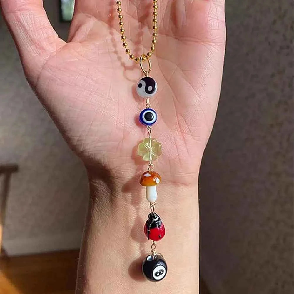 Devil's Eye Mushroom Clover Mirror Pendant Lucky Day Mirror Hanger Boho-Chic Car Accessory Demon Eye Charm  For Rear View