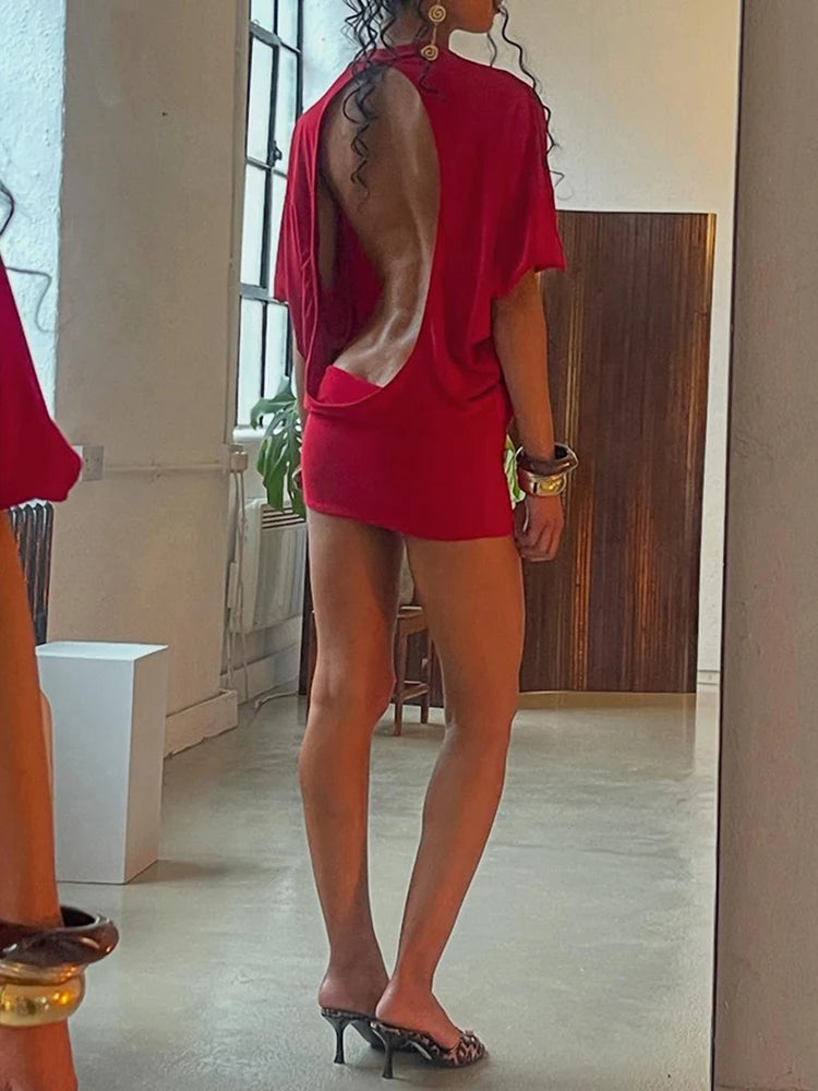 Whatiwear Y2K Solid Style Mini Dress Women o-Neck Half Sleeve Sexy Backless Spicy Girls Street Fashion Skinny Stretch Outfits
