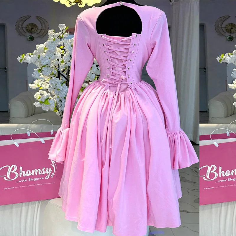 Elegant Pink A-Line Dress for Women - Pleated Round Neck, High Waist, Perfect for Parties and Weddings