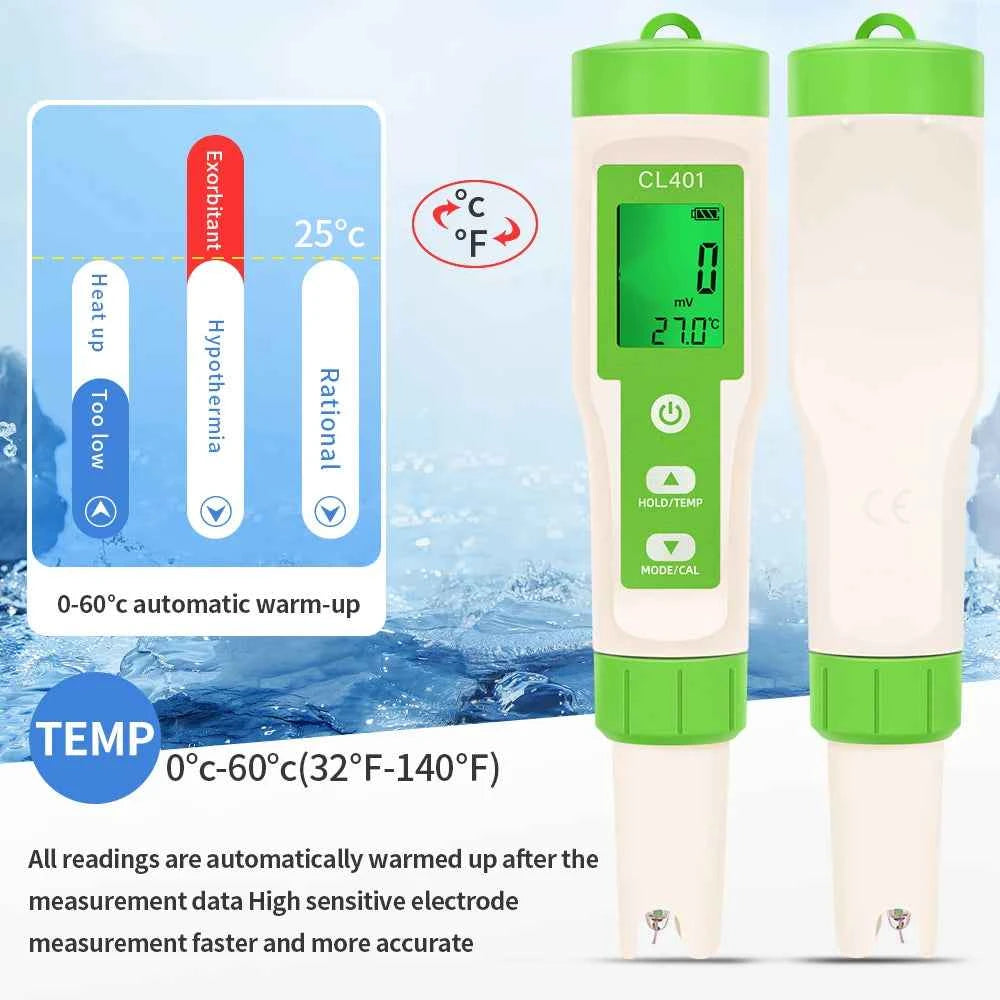Multifunctional Chlorine Testing Pen 2/3/4/5 in 1 Water Quality Tester CL2 TEMP pH H2 ORP Measuring For Aquarium Swimming Pool