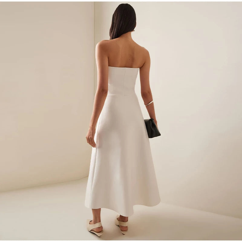 Elegant Pleated Sleeveless Long Dress Women White Slim Tube Party Dresses Female 2026 Spring New Fashion Street Maxi Robes