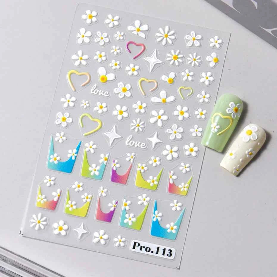 Daisy Dreams Nail Stickers - 5D White Flower & Bee Design, Self-Adhesive Acrylic Decals for DIY Manicure Magic