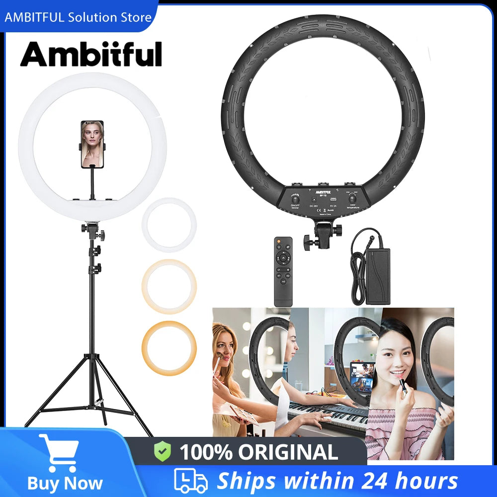 AMBITFUL 18" 21" 50W LED Ring Light Annular Lamp Bi-color 3000K-6000K  + Remote Control for Video YouTube Ringlight Makeup Light