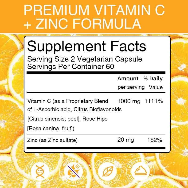 Vitakit Vitamin C 1000mg with Zinc 20mg 120 Capsules Vitamin Dietery Supplement | Non-GMO & Gluten Free Vegan