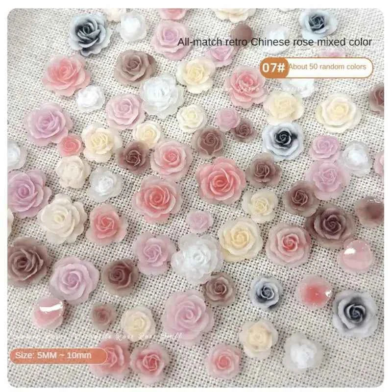 Rose Charm Nail Jewelry - Vintage Resin Camellia with Diamond Accents - Mixed Sizes for Stunning Nail Art